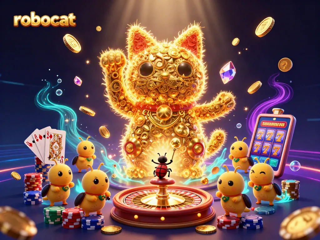 Engage with the robocat-themed casino scene featuring a lucky cat and dynamic casino symbols.