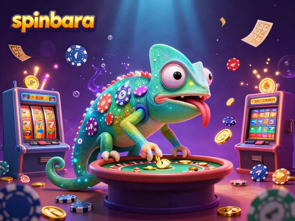 Experience spinbara's vibrant casino world with a lively illustration showcasing exciting slot machines and games.