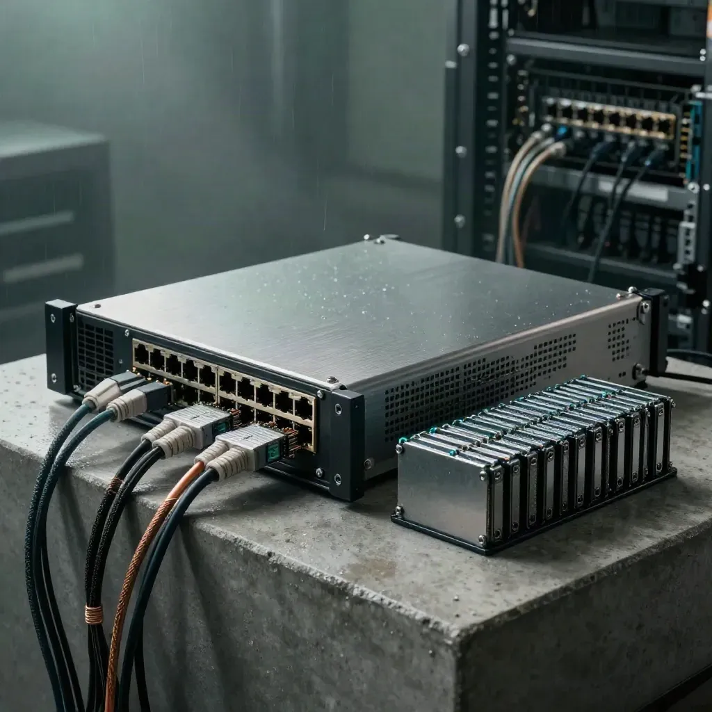 Servidor rack abierto, switch, módulos SFP y SSD sobre hormigón con niebla y luz cian.