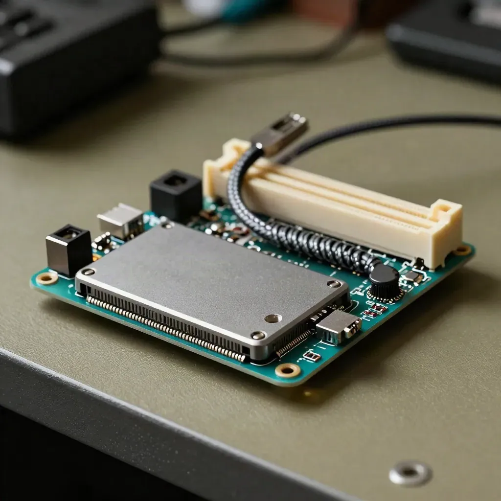 Placa de desarrollo, SSD anodizado, cable de red y espuma técnica sobre mesa industrial.