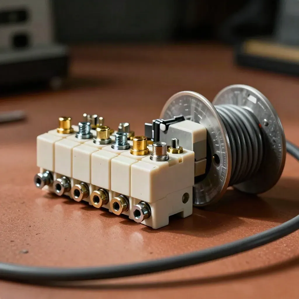 Módulos de relé, bornes, temporizador mecánico y bobina de cable gris sobre fondo oscuro.
