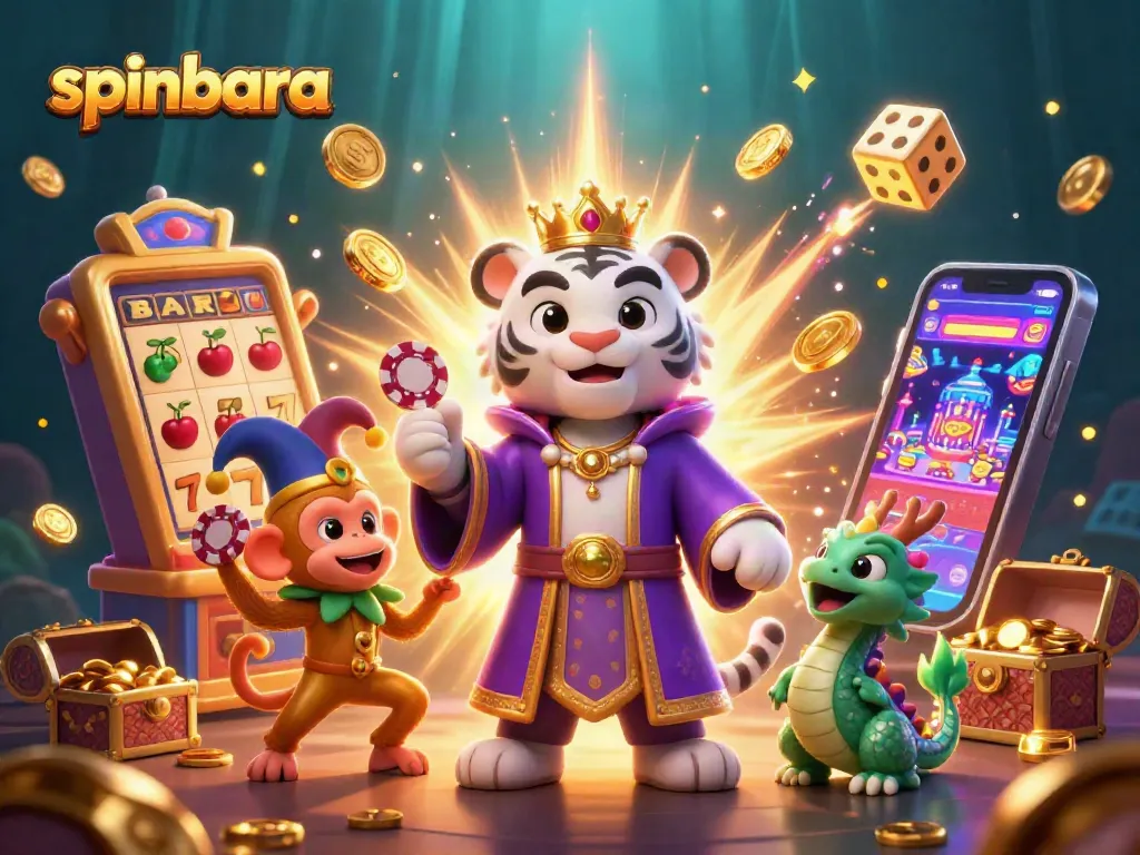 Spinbara captivates players with an exciting 3D casino scene featuring vibrant characters and game elements.