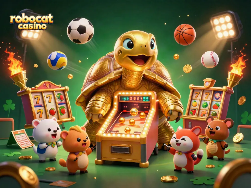 Engage with Robocat Casino featuring a colossal golden tortoise pinball machine amidst vivid gambling elements.