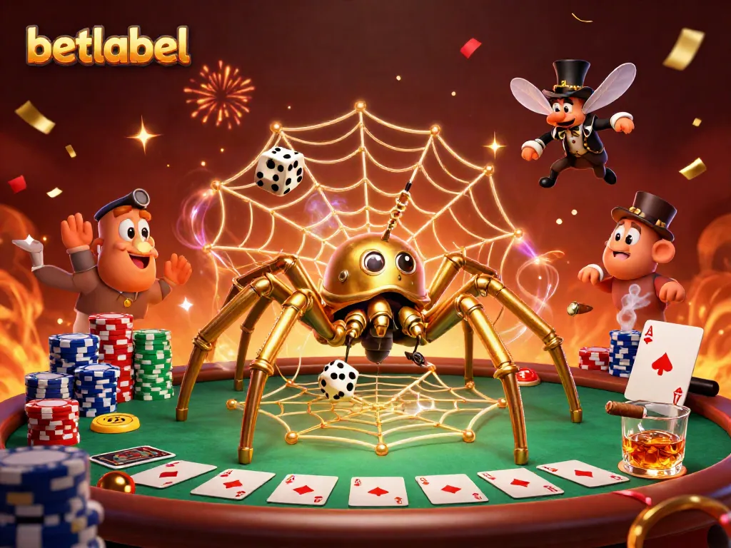 Engage with betlabel's thrilling gaming scene featuring a whimsical spider and playful elements of chance.